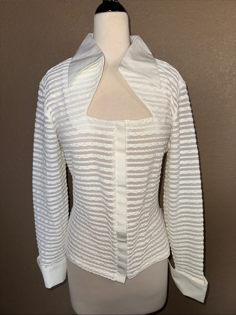 Rayure Paris Stuctured White Textured Sheer Blouse with Pointed Collar